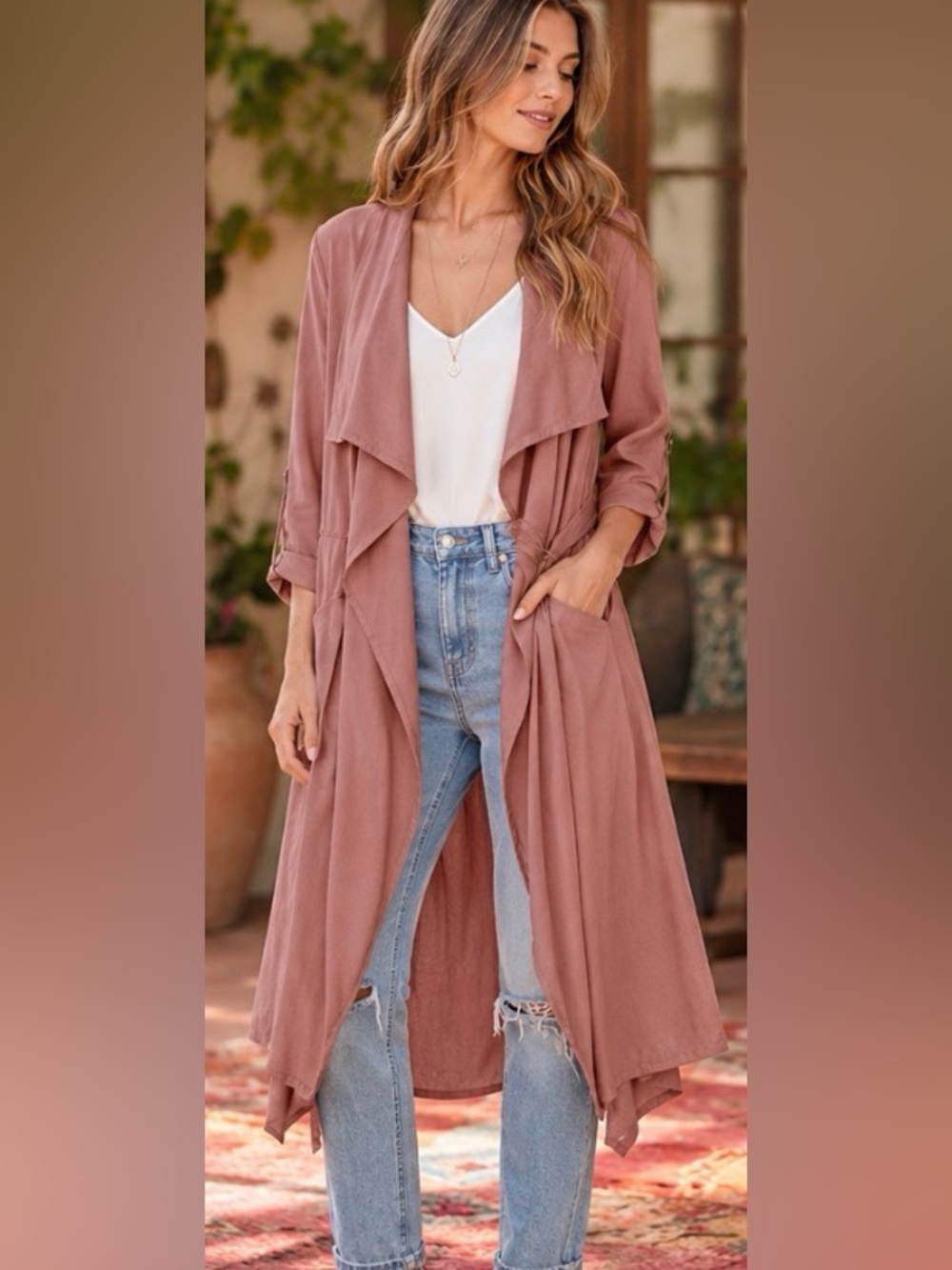 Thread & Supply Waterfall Duster Jacket Small Rayon Belted Lightweight pockets